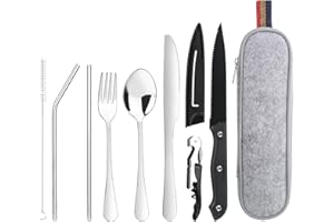 CTDMJ Reisebesteck Camping Besteck To Go, 9-Teilig Edelstahl Besteck mit Bestecktasche, Tragbare Campingbesteck, Camping Cutlery Set, (Silber)