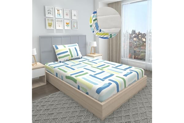 Blue Strip 220TC Glace Cotton Elastic Fitted Bedsheets Single Bed with 1 Pillow Cover Single Bed with All Around Elastic, Size 36 X 72 Inches (Green Line)