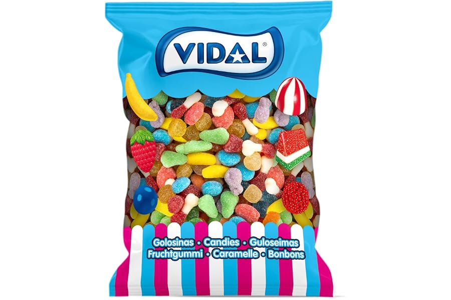 Vidal Golosinas. Mini Mix Azúcar. Surtido de golosinas con forma de frutitas mini recubiertas de azúcar. Multicolor. Sin Glut
