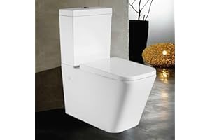 ROBANMOA Rimless Close Coupled Toilet Modern Square Bathroom Toilets Back to Wall White Ceramic WC Pan & Dual Flush Cistern Soft Close Seat Comfort Height Flush to Wall Toilet