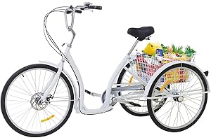 ‎OUKANING OUKANING 26 Zoll 6-Gang Dreirad mit tiefeinstieg für Erwachsene Senioren 3 Rad Fahrrad Erwachsene Dreirad Tricycle mit Einkaufskorb weiß,Belastung: 120 kg,Sitzhöhe: 84–96 cm