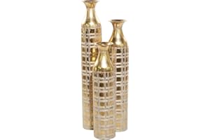 Deco 79 Metall-Vase in Distressed-Optik aus Metall mit geätzten Gittermustern, 3er-Set, 35", 30", 25" H, Gold