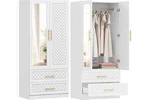 HOMCOM Armario Dormitorio 2 Puertas y 2 Cajones, Armario Ropero con Espejo, Relieve de Diamante, Barra para Colgar, Estilo Moderno, 80x50x180 cm, Blanco