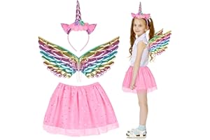 Fennoral 3tlg Einhorn Kostüm Mädchen Einhorn Haarreif Einhorn flügel mit Rosa Tutu Rock Unicorn Cosplay Kinderkostüm Tierkostüm für Halloween Karneval Einhornparty Kindergeburtstag