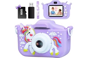 METHROP Kids Camera, 1080P Kids Digital Camera with 32GB TF Card,Unicorn Camera Cover/HD Video /5 Educational Games/8x Zoom/46 Photo Frames & Filters,Gifts for Boys Girls Age 3-8 (Purple)