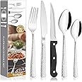 30 Piece Hammered Cutlery Sets with 6 Piece Steak Knives, Stainless Steel 30-Piece Silver Cutlery Flatware Set, Dinnerware Fork Knife Spoon Set Service for 6, Mirror Finished & Dishwasher Safe
