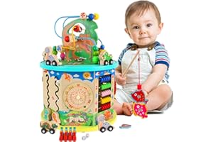 NUKDEY Cubo Actividades Bebe 12 en 1, Juguetes Madera Montessori con Laberinto de Cuentas, Clasificador de Formas, Cubo de Habilidades Motoras, Educativos Regalo para Niñas y Niños 1 2 3 Año