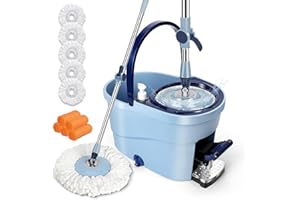 OZD Serpillière Seau Essoreur à Pédale, Balai Serpillère et Seau Essoreur en Microfibre, Rotative 360° Sceau Menage Essoreur avec Manche en INOX pour Lavage de Sol - 5 Recharge Mop Tampons - Bleu