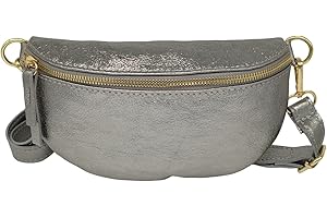 THEWAN. TheWan Demi Lune Petit Sac Banane Sac Poitrine Italien Cuir Italien Femme, Sac Demi Lune Porté Ceinture et de Travers Cuir Vachette,Dimensions: H12 x L 22 x P 5 cm (Argent)