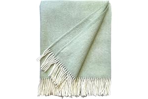 JOWOLLINA Koc wełniany pled z frędzlami, 100% żywa wełna (145 x 180 cm, jednokolorowa miętowa)