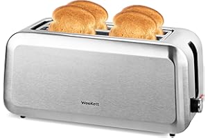WeeKett Long Slot 4 Slice Toaster, 1250-1450 Watt – Silver Stainless Steel Bread Toaster with Extra Wide Slots for Artisan Bread, Crumpets & Bagels – Adjustable Browning, Defrost & Reheat Functions