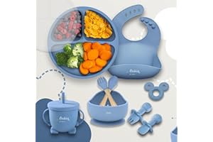BABIES OF HEAVEN BabiesofHeaven COFFRET REPAS BEBE COMPLET [10 pièces], Assiette Ventouse Silicone Antiderapant avec Compartiments et Couvercle, Ventouse Bol, Bavoir, Cuillère, Fourchette, Vaisselle Enfant Set (blue)