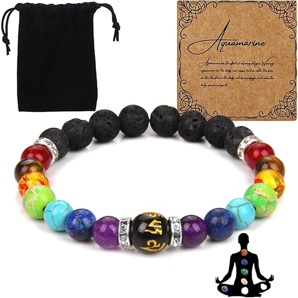 PURAJA Chakra-armband van echte edelstenen | Premium natuursteenarmband | Voor meer harmonie & balans | 7 chakra's en lavasteenparels', 17,5 cm, Rubber Steen