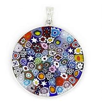 Collier Pendentif Murano Millefiori - Rond 4 Cm, Bleu Nuit Et Rouge - Neuf Sans Emballage