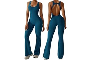 Litthing Womens Flared Jumpsuit Backless Bodycon One Piece Sleeveless Sexy Yoga Unitards V Neck All In One Jumpsuits Fitness Removable Padded Playsuit Hollow Racerback Gym Romper for Women