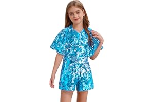 Rswnyirn Girl Sequin Romper Shiny V Neck Shorts Jumpsuit Cap Sleeve Dance Outfits Glitters One Piece Overalls