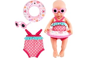 CHONGQILAO Swimming Set for Dolls, Doll Clothes, Summer Doll Accessories, Clothing Outfits for Baby Dolls, Swimming Set for Dolls with Swimsuit, Swimming Ring, Sunglasses for 35-45 cm New Born Baby Dolls