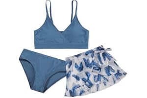 USAIBHIR Girls Swimsuit Bikini Set 3 Piece Bathing Suit Bikini with Skirt Cover Up Floral Printed Surfing Beach Swimwear 9-16 Years