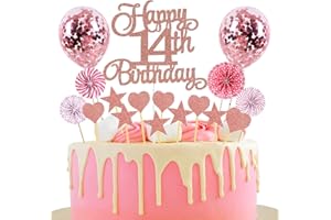 JXUZH Tortendeko 14. Geburtstag Rosegold für Junge und Mädchen - Happy Birthday 14 Glitter Cake Topper - Kuchendeko 14 Jahre - Happy 14th Birthday Kuchen Deko