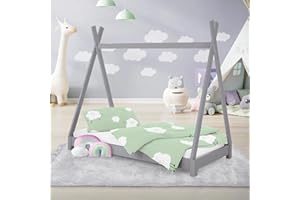 ML DESIGN MODERN LIVING ML-Design Letto Montessori Tipi per Bambini 70 x 140 cm Grigio Chiaro, in Legno di Pino Massiccio, con Rete a Doghe, Lettino Basso a Forma di Tenda Indiana, Giroletto a Capanna per Cameretta