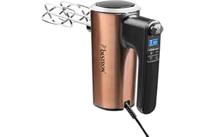 Bestron Batteur electrique cuisine, Batteur mixeur à main puissant avec 6 vitesses, fonction turbo et écran LCD, livré avec 2 fouets et 2 crochets pétrisseurs, poids léger de 1 kg, couleur: Cuivre