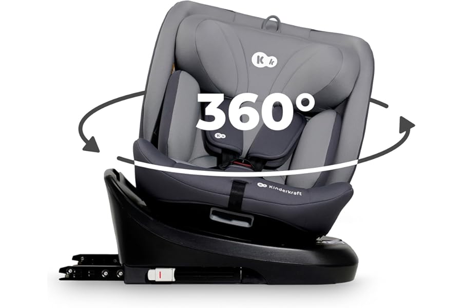 Kinderkraft I-GROW Car Seat 0-36 kg, I-Size 40-150 cm, 360 Swivel Seat with Isofix Base, Reclining Lying Position, Adjustable Headrest, Group 0 1 2 3, Grey