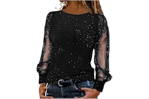 GENERIC Haut Paillettes Femme Soirée Brillantes T-Shirt Sexy Manches Longues Fête Soirée Party Club Tops avec Paillettes Blouses Chemisiers de fête Chic et Élégant Vêtements Tunique Transparent Chemisiers