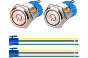 GUUZI 2pcs Latching Push Button Switch 1NO1NC Waterproof Stainless Steel Shell 220V-230V/5A LED Ring Illuminated Switch with Wire Socket Plug Suitable for 16mm Mounting Hole (Blue+Red)