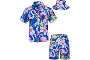 TUNEVUSE Little & Big Boys Hawaiian Button Down Shirts and Short Sets with Bucket Hat Summer Outfits Printed Kids Cabana Set