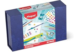 Maped - Scatola di scrittura 26 pezzi Kidy Kit - Matite colorate, forbici, gomme, temperamatite, righello, matite e guida dito - taccuino di scrittura + 4 fogli di adesivi