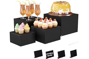 YFEEN Metal Buffet Risers,4PCS Food Risers for Buffet Table 5in to 8in Display Stand with Mini Acrylic Signs for Catering Dessert Jewelry Figures Show Cube Boxes Nesting Risers (Matte Black, 5IN to 8IN)