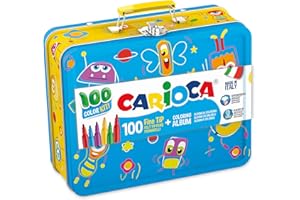 Carioca Scatola in metallo con pennarelli | 100 pennarelli super lavabili con una scatola di metallo, pennarelli punta sottile con album da colorare