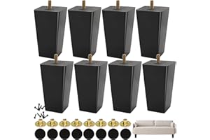 CYEER 8 Pcs Sofa Feet 10cm, Wooden Furniture Legs, Solid Rubber Wood Sofa Legs Furniture Replacement Feet with Mounting Plates Screws Non-Slip Mat for Chair Bed Couch Table TV Cabinet, Black
