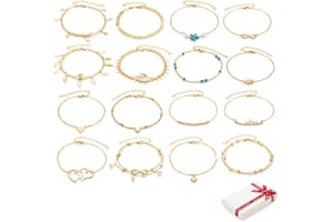 QIUJUNDE 16 Stück Boho Fußkettchen Set Gold für Damen Kinder Mädchen Frauen Frau, Verstellbare Strand Barfuß Knöchel Ketten Fußkette Fußband Fussketterl Armbänder Fuß Schmuck Geschenke für Urlaub Geburtstag