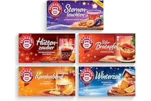 Teekanne Herbata zimowa, 5 sztuk, świecące gwiazdy, czarodziejska chatka, słodkie pieczone jabłko, wieczór kominkowy i czas zimowy, po 20 torebek herbaty (240 g)