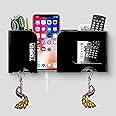 Tensea® 5 in 1 Plastic Wall Mount Mobile Holder with Remote Control Storage Racks, Key Hanger, Pen Holder Space/Self-Adhesive/Multi Purpose Accessories (Large, Black)