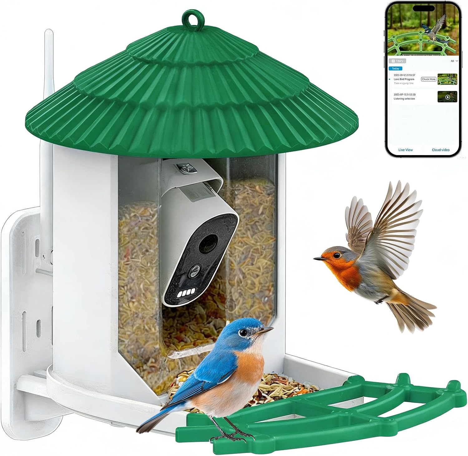 Comedero para pájaros con cámara, HD, resolución 1080p, 5200 mAh, dispensador de comedero para pájaros con cámara wifi y solar, IP65, visión nocturna, reconocimiento de aves KI y aplicación