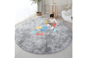 OMGREAT Fluffy Round Rug, 180CM Light Grey Circle Rug for Kids Room, Bedroom, Nursery Room, Modern Fuzzy Carpet