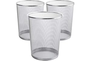 AYSUM 3 Pack Metal Mesh Waste Paper Bin 12 Litres Lightweight Mesh Wastebasket Waste Bin Black Metal Rubbish Bin for Bedroom, Office, Bathroom, Kitchen (silver Round) (3x silver)