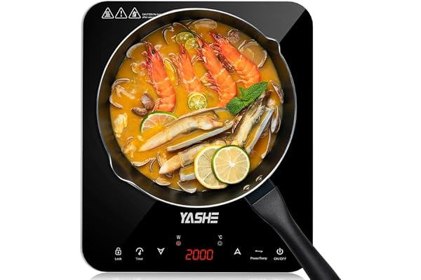 YASHE Induktionshäll - Portabel Enkelsidig Induktionshäll, 10 Effektnivåer och 10 Temperaturinställningar, 2000 Watt Induktion 1 Platta, 4-Timmars Timer, Barnsäkerhetslås, Glaspanel, Lätt att Rengöra
