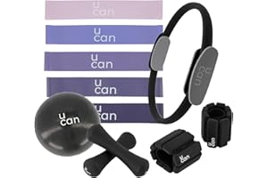 U can Kit de pilates para el hogar con aro, bola de 25 cm, mancuernas de 1 kg, leggings de 0,5 kg y bandas de resistencia, 5 niveles, negro y morado