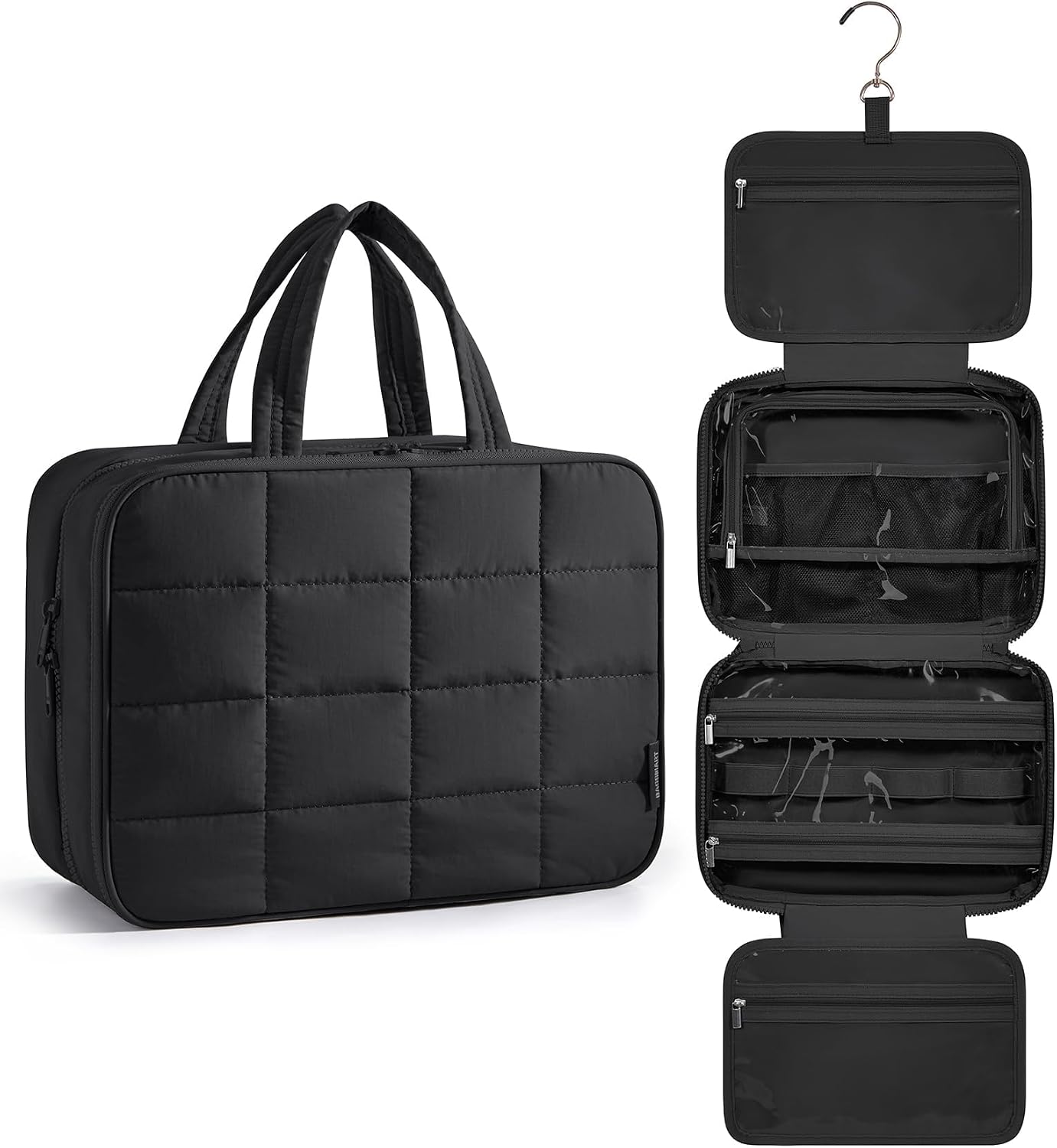 BAGSMART Hanging Toiletry Bag with Jewellery Compartment, Travel Bag for Toiletries, Puffy Makeup Cosmetic Organiser, Carry-on Travel Accessories Essentials, Black-L