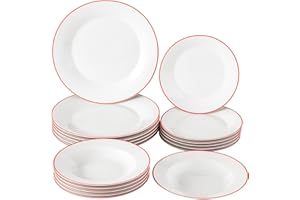 Baroni Home Servizio di Piatti da 18 pezzi in Porcellana, Servito da Tavolo Colorato per 6 Persone, Piatto Fondo, Piano, da Frutta o Dolce, Red Line