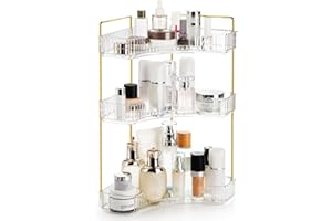 Cididu 3 Tiers Corner Bathroom Counter Organizer, Clear Countertop Shelf Storage Rack, Cosmetic Perfume Tray Standing Holder with Gold Metal Pole, Skincare Sink Organizer for Vanity Kitchen