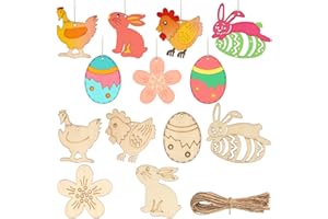 Powmag Ostern Handwerk Holz Ornamente, Osterdeko Basteln Kinder Holz, 48 Stück Unvollendet Basteln Osterdeko Holz zum Aufhängen Ostern Holzanhänger mit Loch Ei Hase Huhn Blumen Form Holzausschnitte