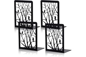 LOSYHU 4 Pcs Book Ends Black, Metal Bookends for Shelves Heavy Duty Book End Decorative Tree Design Book Stopper Supports Anti Slip Book Stopper for Home Office Library School, Bird Style