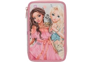 Depesche 13324 TOPModel Juicy - Gefüllte 3-Fach Federtasche in Creme und Rosa, mit Model Motiv, Äffchen und buntem Muster, Federmappe mit Buntstiften, Schere, Lineal uvm.