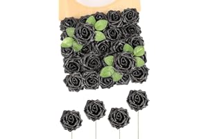N&T NIETING Fiori artificiali, rosa glitterata, 25 pezzi, fiori finti, con steli, in finta pelle, per matrimoni, bouquet, feste, casa, Halloween, decorazioni natalizie (nere)