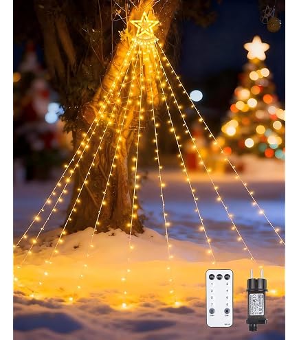 HELESIN Luci Albero di Natale a Cascata con Stella Topper, 410 Luci di Natale per Albero con Funzione Timer e 8 Modalità, 2M × 16 Strisce Luminose con Telecomando per la Decorazione