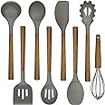 Umite Chef Silicone Cooking Utensil Set, 8-Piece Kitchen Utensils Set with Natural Acacia Wooden Handles, Food-Grade Silicone Heads - Grey